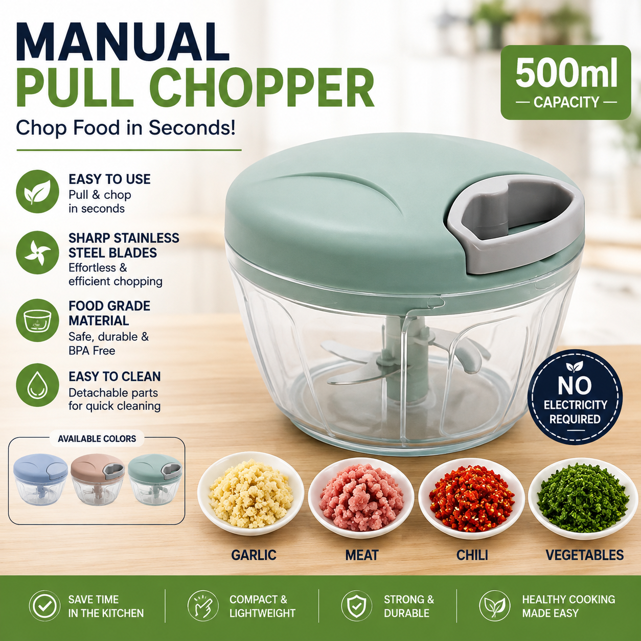 500ml Manual Pull Chopper | Food & Vegetable Cutter with Sharp Blades