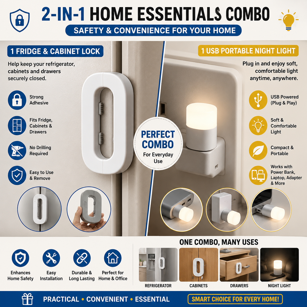 🔒💡 2-in-1 Home Essentials Combo —children safety Fridge Lock + 2USB Night Light