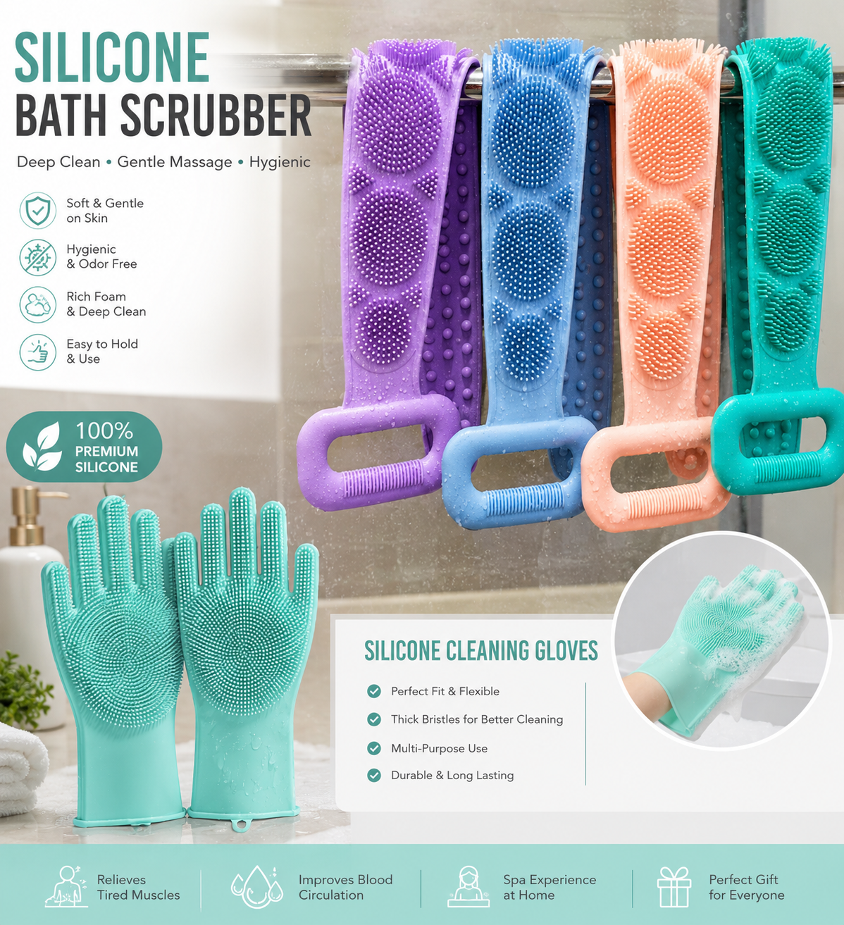 Silicone Body Scrubber & Cleaning Gloves – 2-in-1 Deep Cleaning Set