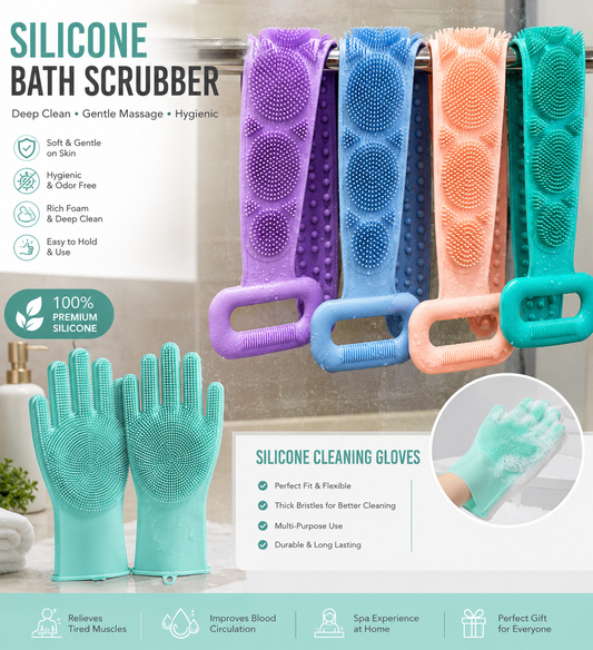Silicone Body Scrubber & Cleaning Gloves – 2-in-1 Deep Cleaning Set